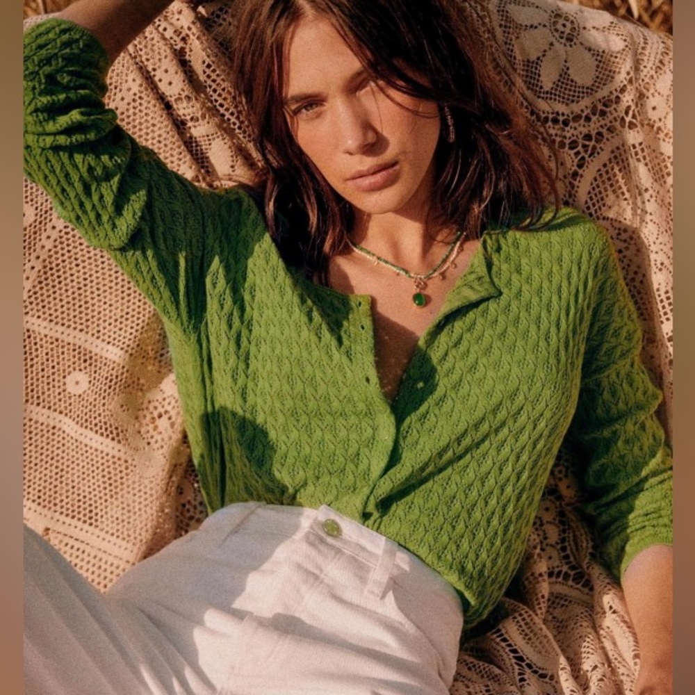 NWT Sezane Women's Adela Fancy knitted Short Cardigan in Green